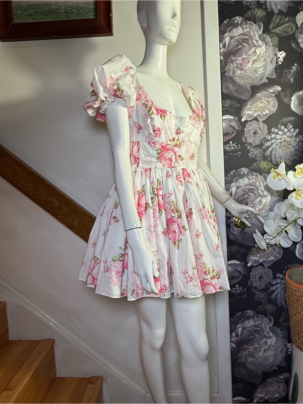 Selkie White Mini Dress with Pink Floral Print - Picture 9 of 10
